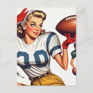 Vintage Football Girl Illustration Vykort