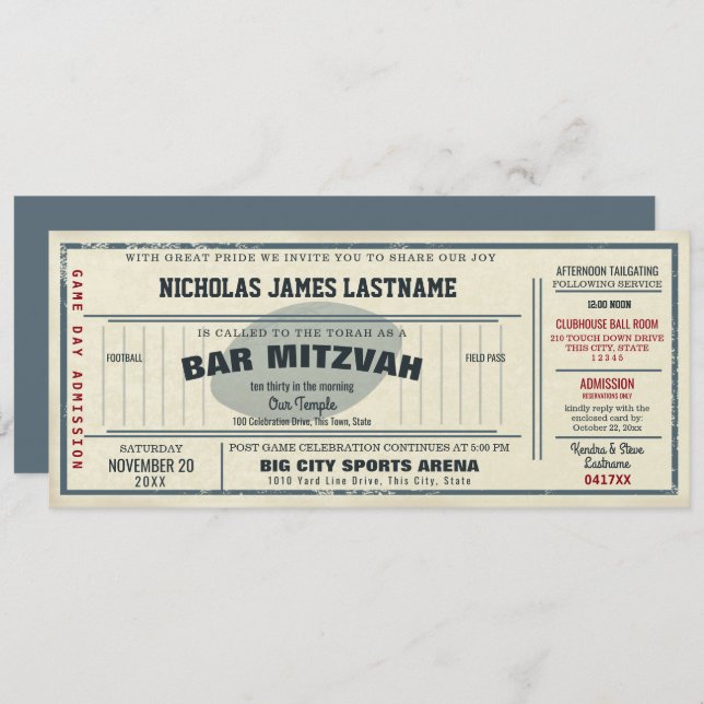 Vintage Football Pass Bar Mitzvah Inbjudningar (Fram/baksida)