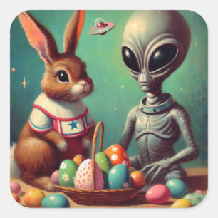 Vintage för Alien och Påskhare Kitsch Fyrkantigt Klistermärke