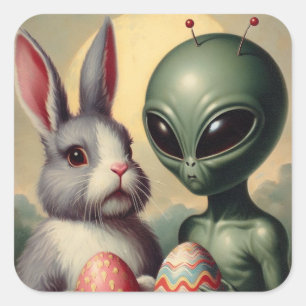 Vintage för Alien och Påskhare Kitsch Fyrkantigt Klistermärke