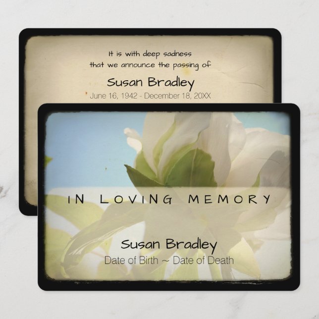 Vintage för begravningsminnestjänst 1 inbjudningar (Fram/baksida)