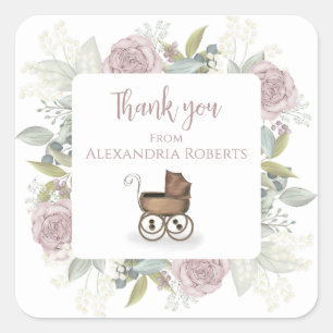 Vintage för Boho Baby Shower Rosa Tack Blommigt Fyrkantigt Klistermärke