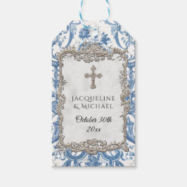 Vintage för Elegant av blommigt, blå vit Silver Presentetikett