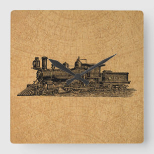 Vintage för lokomotiv i Tåg och Karta Stil Fyrkantig Klocka