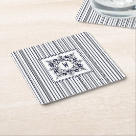 Vintage för marin blå Rand och Monogram Underlägg Papper Kvadrat