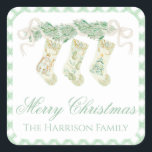 Vintage för vattenfärgsdamm, julgransinventering fyrkantigt klistermärke<br><div class="desc">Vintage Square Sticker Grönt  från Watercolor jul Garland Stockings. Denna vackra julklapp har vattenfärgade julgranar med vita bogar och Bedford-besättningar. Det är perfekt om man är tittar för klassiska,  sydliga,  mormeniska julklistermärken. Meddelande mig om du behöver justera eller matcha objekt:)</div>