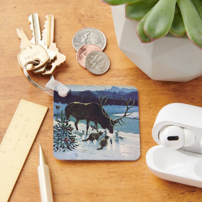 Vintage Forest Creatures och Elk i Winter Snö Nyckelring (Skrivbord)