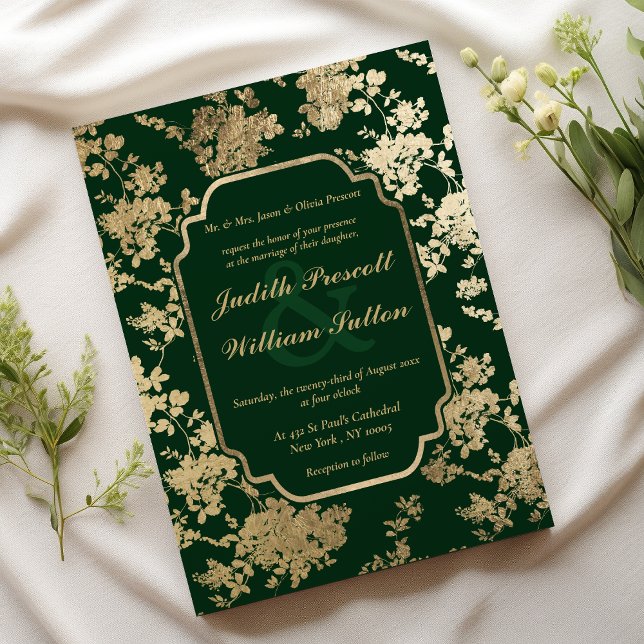 Vintage Forest Grönt Guld Blommönster Bröllop Inbjudningar (Vintage Forest Green Gold Floral Pattern Wedding )