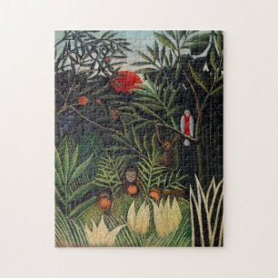 Vintage Forest Monkey & Bird Illustration Art Pussel