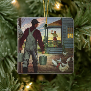 Vintage företag, bondgård med bonde och höns julgransprydnad keramik