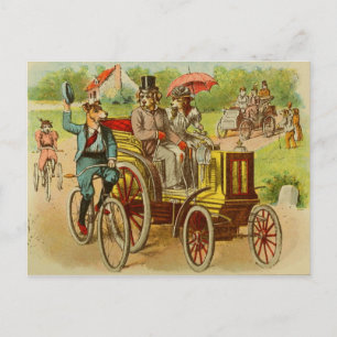 Vintage förföljer ridningcykel- och bilvykortet vykort