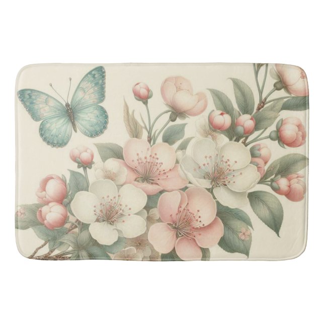 Vintage formaterad blommigt/vår-fjäril badrumsmatta (Framsidan)