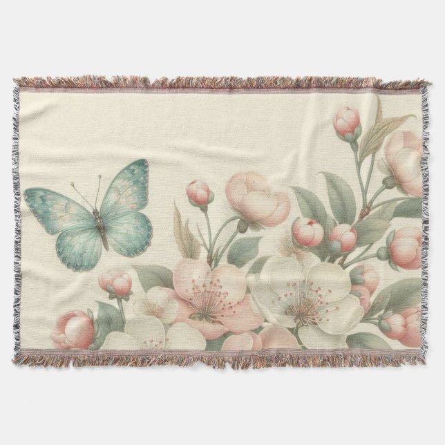 Vintage formaterad blommigt/vår-fjäril filt (Framsidan)