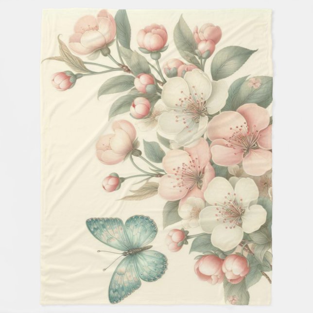 Vintage formaterad blommigt/vår-fjäril fleecefilt (Framsidan)