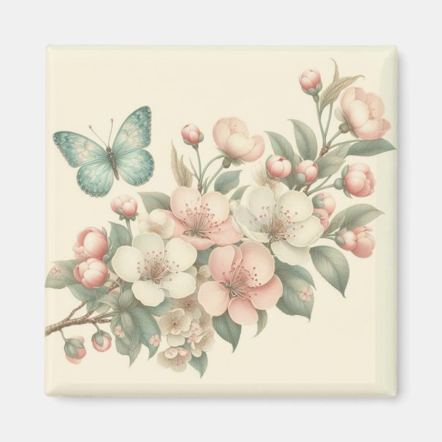 Vintage formaterad blommigt/vår-fjäril magnet (Framsidan)