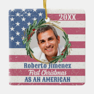Vintage Första jul USA Medborgare Amerikanska Flag Julgransprydnad Keramik