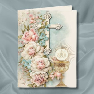 Vintage första kommunion blomster kalk kors tack kort