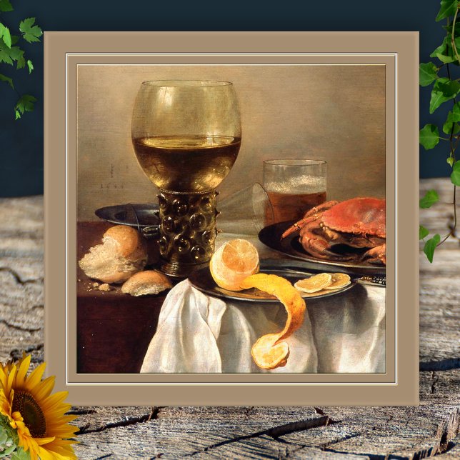 Vintage fortfarande med krabbplattan kakelplatta (Ceramic kitchen tile featuring a vintage still life painting with food and wine)