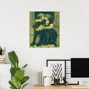 Vintage foto av kärlek och romantik, barn kysser poster