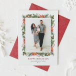 Vintage Foto av vattenfärg Poinsettias Gräs Nål Julkort<br><div class="desc">Glad helg! Skicka ditt helgdag och hälsning till familj och vänner med anpassadets blommigt-jullott. Den har vattenfärg ram i pinekoner,  gräs nål,  hollier,  bär och poinsettia. Anpassa genom att lägga till namn,  meddelande och lodrät foto. Det här helgdag för blommigt av vintage finns i andra kartonger.</div>