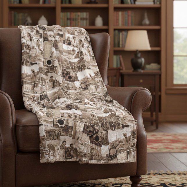 Vintage Fotography Collage Sepia ID1066 Fleecefilt (Skapare uppladdad)