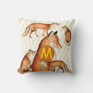 Vintage Fox på Orange Trendig Zig Zag Mönster Kudde