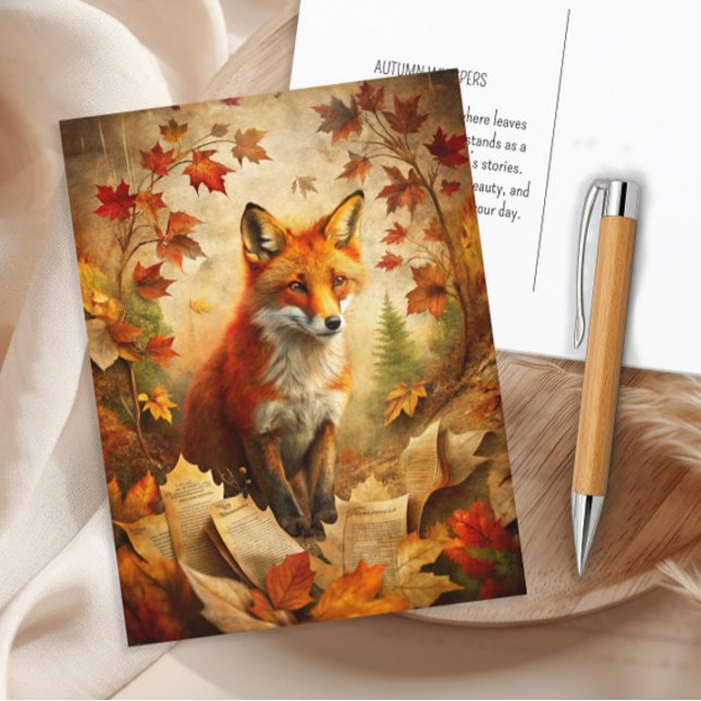Vintage Fox Woodland Höst löv Natature Vykort (Fox and rustic autumn leaves postcard)