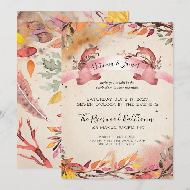 Vintage Foxes endast kvällsbröllopsinbjudan Inbjudningar (Fram/baksida)