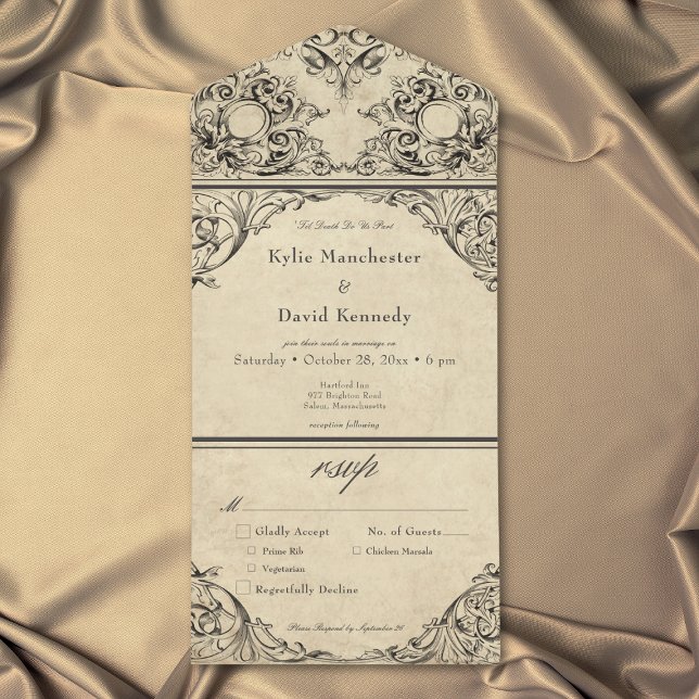 Vintage fram till döden Svart Pergament Tan Bröllo (Vintage Until Death Black Parchment Tan Wedding All In One Invitation)