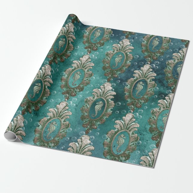 Vintage Framade vildhästar på Ljust grönt Presentpapper (Utrullad)