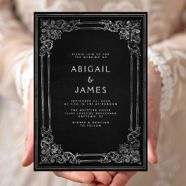 Vintage Frame Black Silver Wedding Inbjudningar