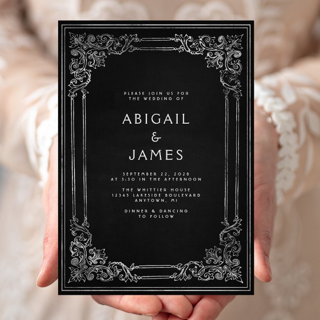 Vintage Frame Black Silver Wedding Inbjudningar (Skapare uppladdad)