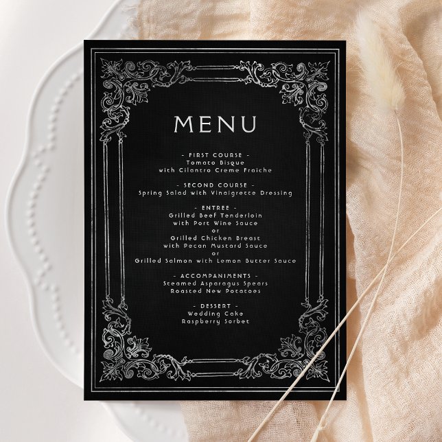Vintage Frame Black Silver Wedding Menu Meny (Skapare uppladdad)