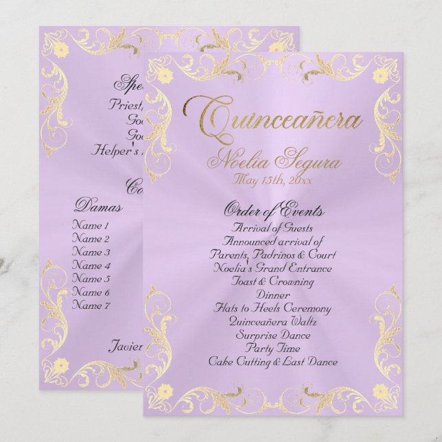 Vintage Frame Quinceanera Program - Lavender/Gold (Fram/baksida)