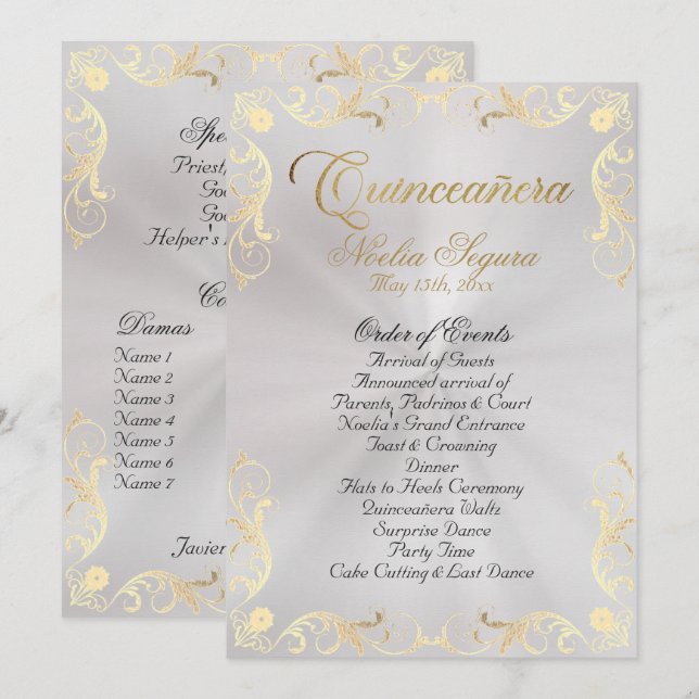 Vintage Frame Quinceanera Program - Pearl/Gold (Fram/baksida)