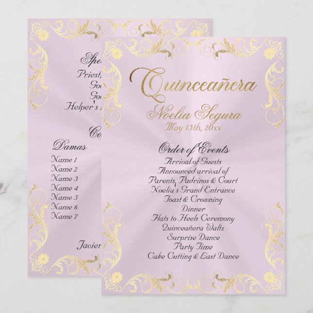 Vintage Frame Quinceanera Program - Pink/Gold (Fram/baksida)