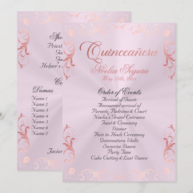 Vintage Frame Quinceanera Program - Pink/Rose Gold (Fram/baksida)