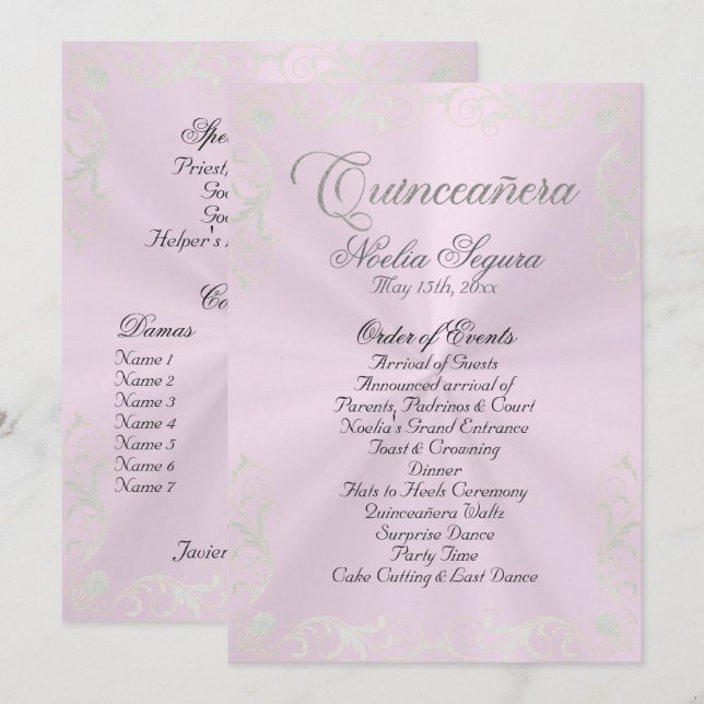 Vintage Frame Quinceanera Program - Pink/Silver (Fram/baksida)