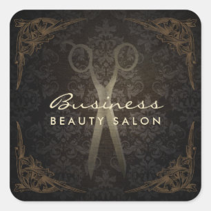 Vintage Framed Damask Hair Salon Scissor Fyrkantigt Klistermärke
