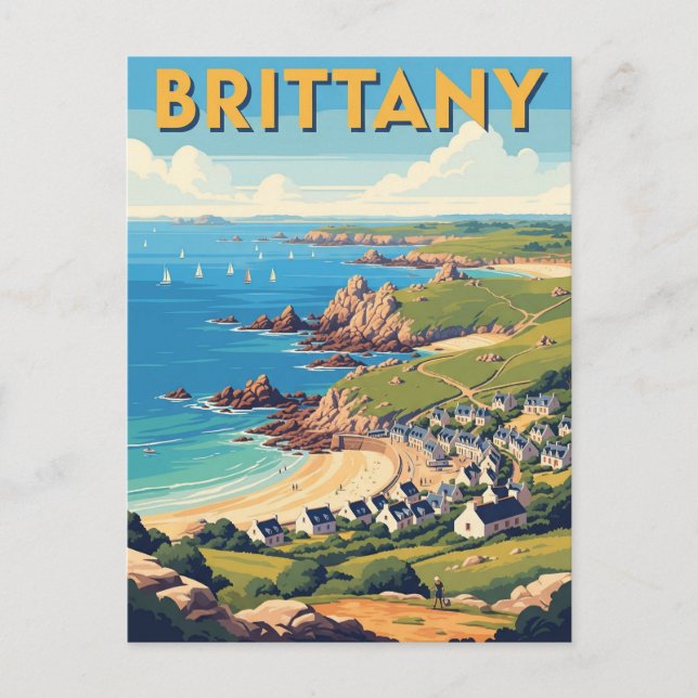Vintage Frankrike Bretagne Strand vykort (Framsida)