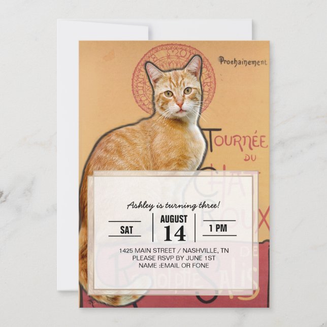   Vintage Fransk Affisch Stil Orange Katt         Inbjudningar (Framsida)