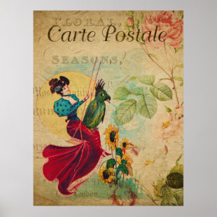 Vintage Fransk Art Skriv ut, Retro Woman och Bird Poster