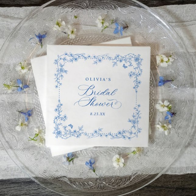 Vintage fransk blå och vit bröllopsduschkrans pappersservett (Blue and white wildflower bridal shower design with vintage French toile corner florals)
