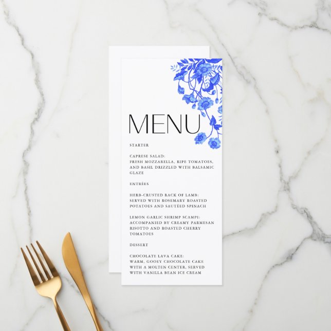 Vintage Fransk Blommigt blått Möhippa  Meny (Fram/Back In Situ)