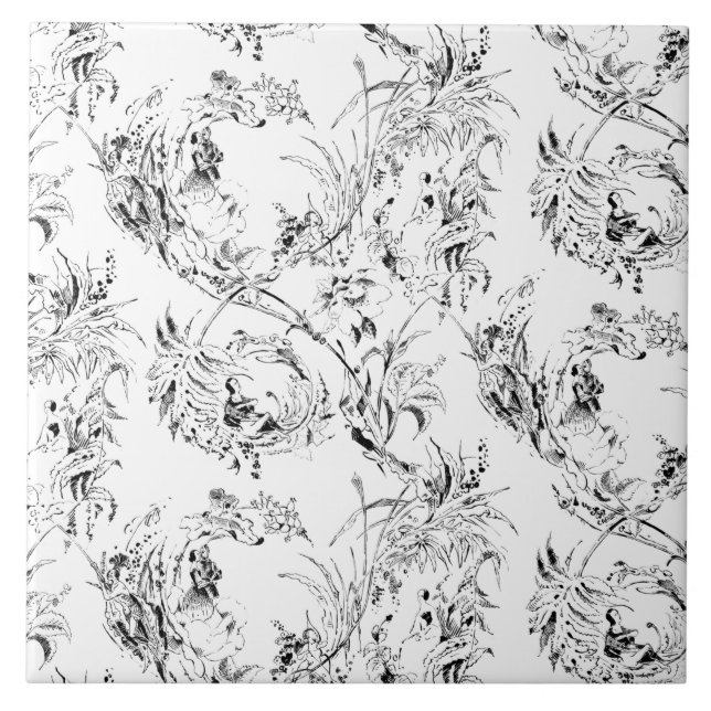 Vintage Fransk Blommigt Fantasy Toile-Black Kakelplatta (Framsidan)
