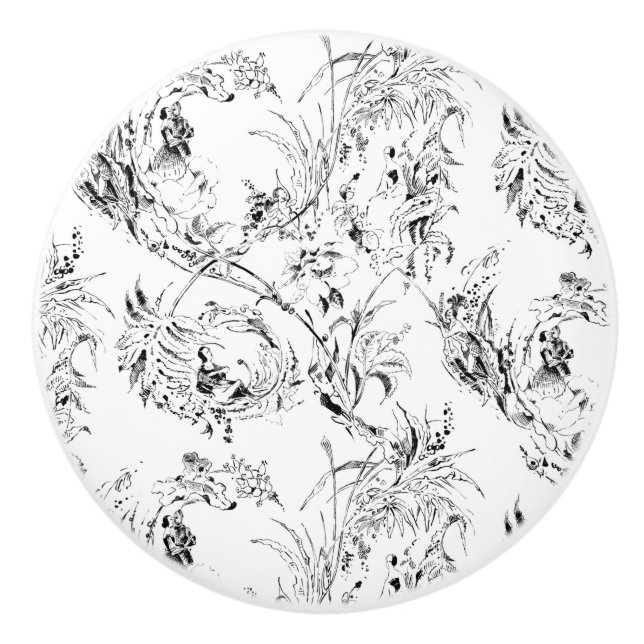 Vintage Fransk Blommigt Fantasy Toile-Black Knopp (Framsidan)