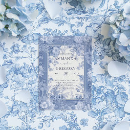 Vintage Fransk Blommigt Toile Blue Bröllop Inbjudningar