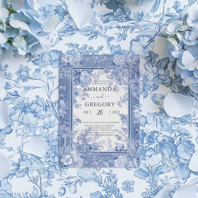Vintage Fransk Blommigt Toile Blue Bröllop Inbjudningar (Skapare uppladdad)