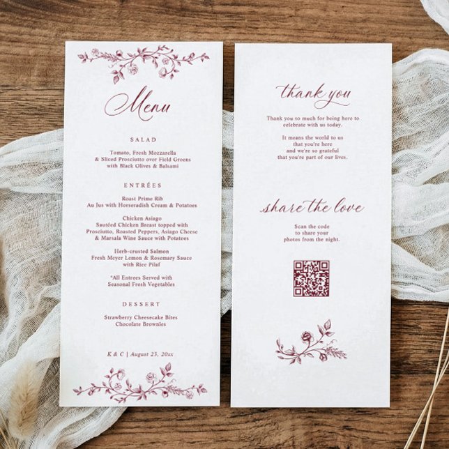 Vintage fransk blomster burgunder mörkröd bröllop meny (Burgundy red vintage French wedding menu with floral frame and photo sharing QR code)