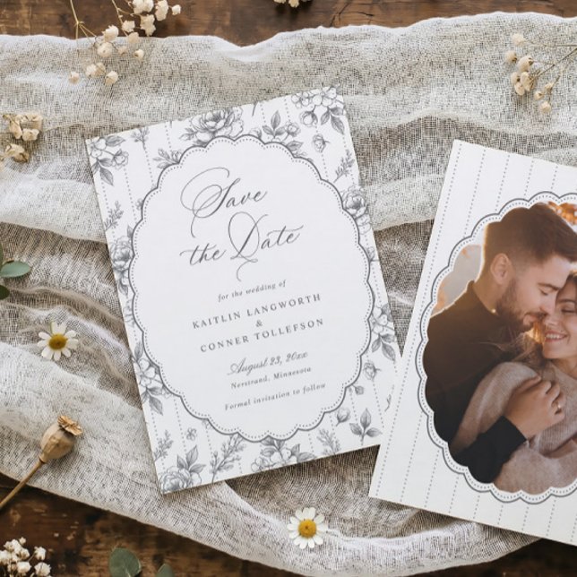 Vintage fransk blomster silvergrå fotobryllup spara datumet (Vintage French floral silver gray wedding save the date with calligraphy and photo back)